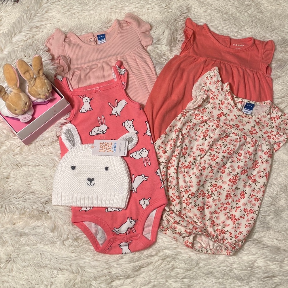 12-18 Month Old Navy Bubble Style Onesies, Carter Bunny Knit Hat, Bunny Slippers